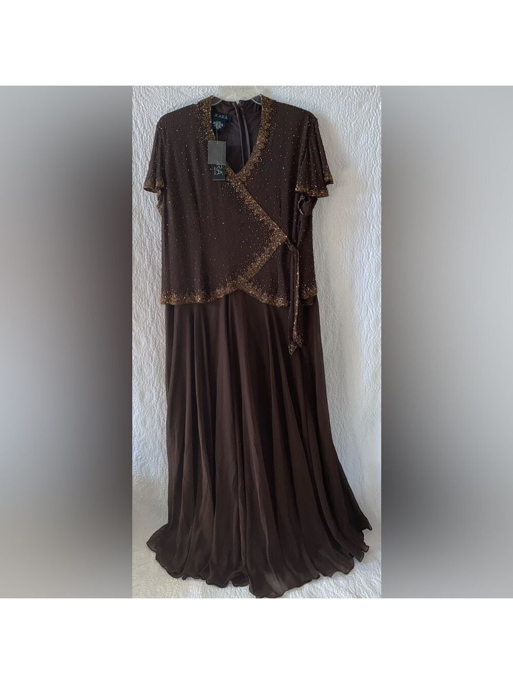 Jkara Beaded Bodice V-Neck Short Sleeve Faux Wrap Gown